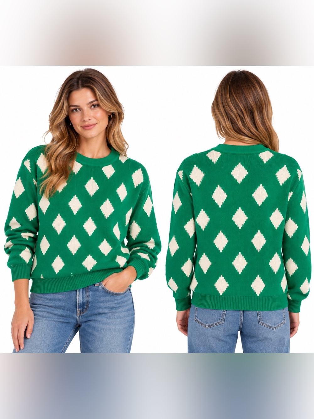 Vintage United Colors of Benetton Green & White Diamond Cotton Sweater